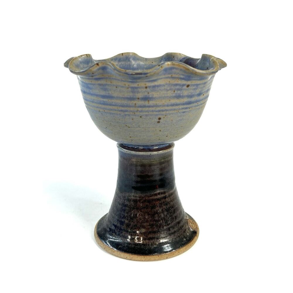 Pottery Studio Art Candy Dish Ruffle Top Swirl Blue Unique Stoneware Decor 7”